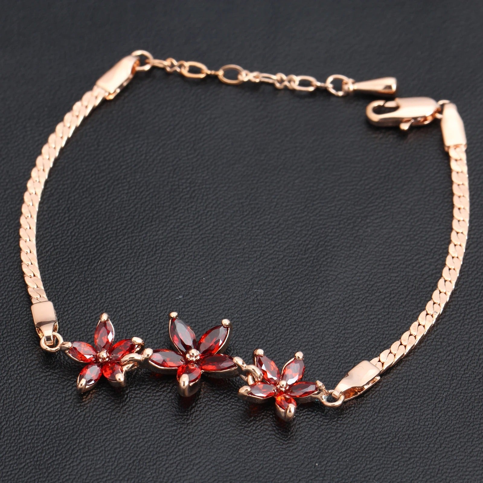 Retro Rose Gold & Three Red Crystal Flower Bracelet